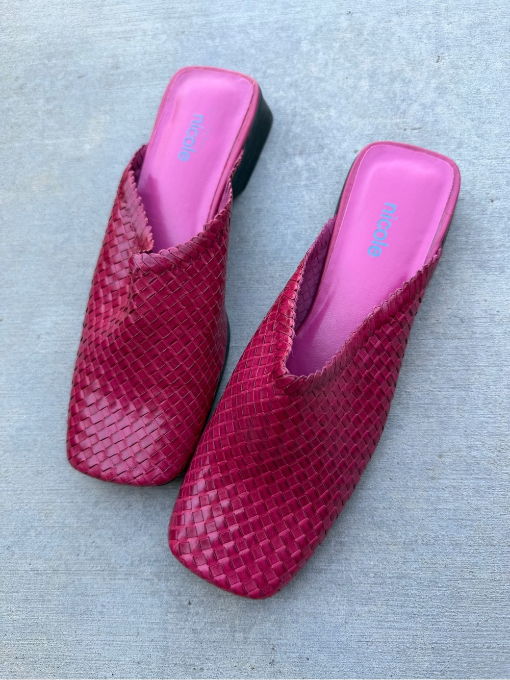 Nicole Woven Leather Square Toe Mules Slides Pink Magenta 6M